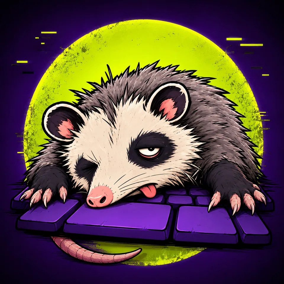 Prompossum asleep across a purple keyboard
